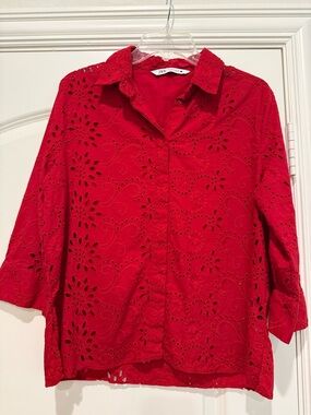 Ladies Zara Red Eyelet 3/4 Sleeve Blouse X-Large
